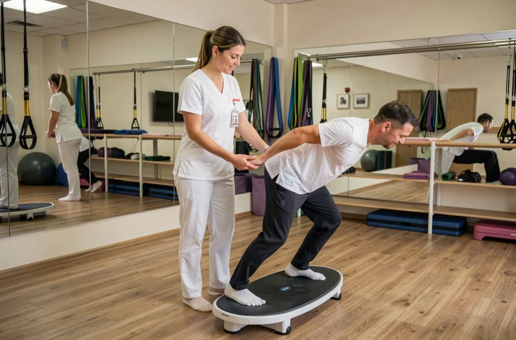 Sarah Bouvard accompagnant un patient lors d'un exercice de rééducation posturale sur plateau d'équilibre