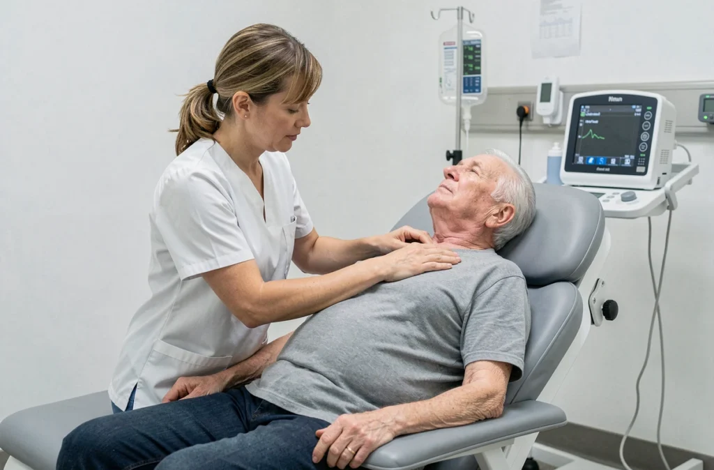 Stéphanie Molle réalisant une kinésithérapie respiratoire sur un patient âgé en cabinet