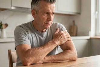 Homme d'âge moyen tenant son bras gauche avec une expression préoccupée, assis dans une cuisine, illustrant la douleur musculaire du bras gauche