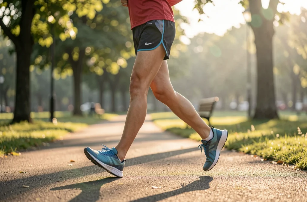 Jambes d'un coureur en mouvement, du genou à la cheville