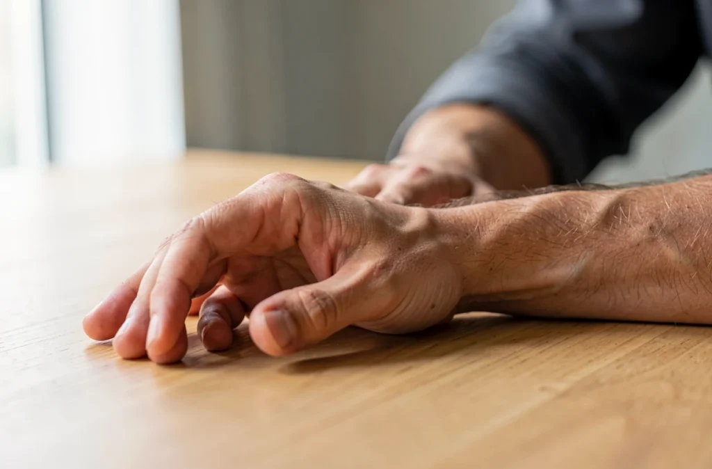 Main et avant-bras posés sur une table, du poignet aux doigts