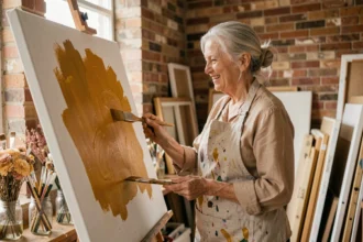 Femme senior souriante peignant sur une grande toile dans un atelier créatif chaleureux, illustrant le bien-être émotionnel par l'art