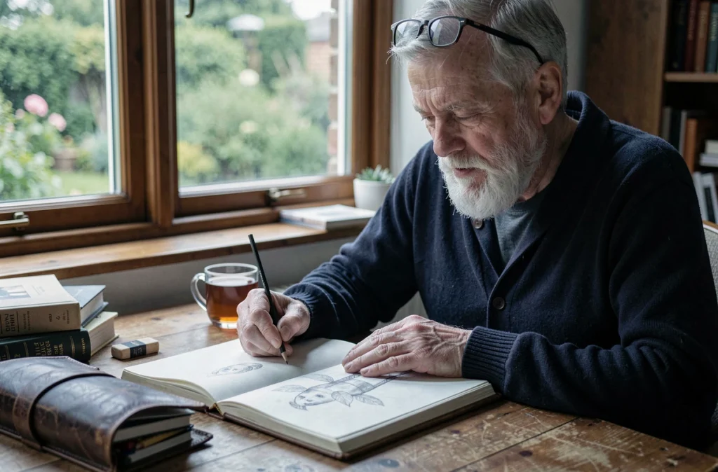 Homme senior concentré dessinant dans un carnet à son bureau près d'une fenêtre sur jardin, pratique artistique solitaire et apaisante pour le bien-être émotionnel