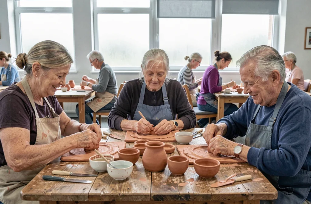 Groupe de seniors modelant de l'argile ensemble dans un atelier communautaire, activité artistique favorisant le lien social et le bien-être